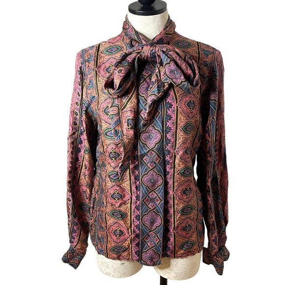 Vintage Womens Bow Blouse Size 6 Pure Rayon Button Front Neck Tie Matte Finish - Picture 1 of 16